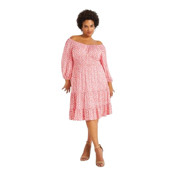 Lane Bryant Smocked Off-Shoulder Ditsy Floral Pink White Dress Size 18/20 NEW - Picture 1 of 15